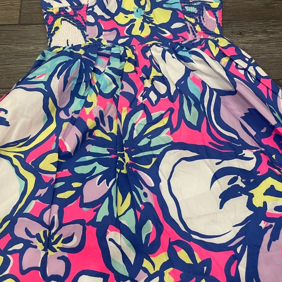 LILLY PULITZER DRESS BRIGHT PINK BLUE FLORAL WOMENS SZ 0 STRAPS RUCHED SUNDRESS - Picture 7 of 10